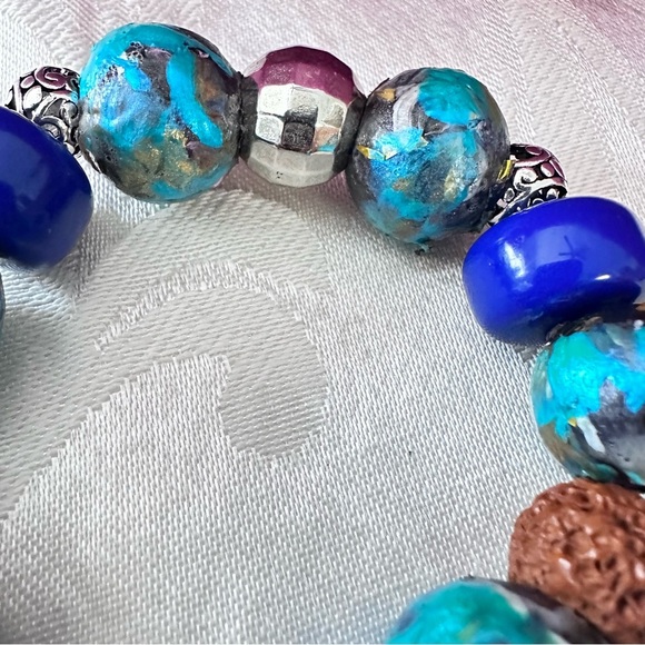 Artisan Blue and Brown Statement Bracelet with hand painted beads 4344 - Picture 5 of 6